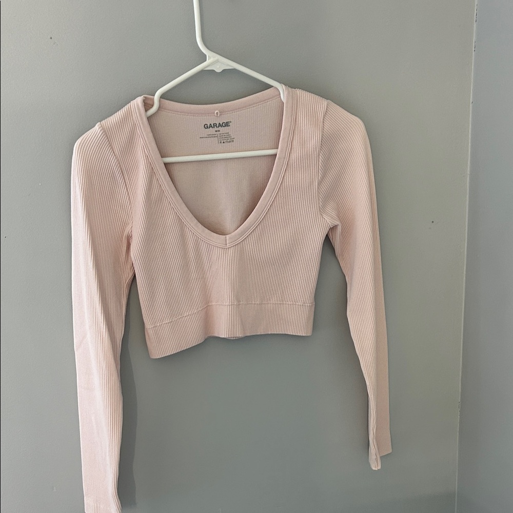 Garage Light Pink Ribbed V-Neck Long Sleeve Cropped Top